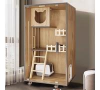 Cat Cage Indoor Enclosure, Cat Cage Playpen with Wheels LED Light Top Cover Engineered Wood Tempered Glass Brown 60x60x(90-120) cm(With Side Door,60x60x120cm)