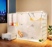 Cat Cage Indoor with Cat Litter Box, Multi-Level Platform DIY Cat Fence, HD Clear Fence and Sturdy Metal Grid, Large Play Area, Perfect for 1-3 Cats,White-105 * 45 * 70cm