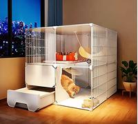 Cat Cage Indoor with Cat Litter Box, Multi-Level Platform DIY Cat Fence, HD Clear Fence and Sturdy Metal Grid, Large Play Area, Perfect for 1-3 Cats,White-70 * 90 * 70cm
