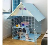 Cat Cage Playpen 2-Tier Indoor Pet Enclosure with Litter Box - Folding Metal Crate with Roof and Door for Small Animals