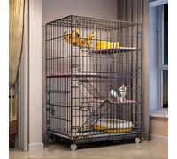 Cat Cage with Litter Box, Pet Condo Folding Wire Crate for Cats, Ferrets & Chinchillas - Portable with Casters, Tray & Hammock Included, Black, 70x50x112cm