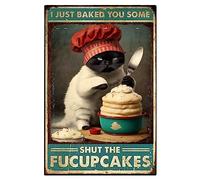 Cat Cake Metal Tin Sign Poster, Kitty Biscuits We Knead Em You Need Em Retro Art Kitchen and Restaurant Cabin Club Coffee Wall Art Decoration 12x16 Inch