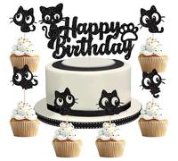 Cat Cake Topper, Cat Cake Decorations, Non-edible Cake Decorations Cats - 25Pcs Black Cats Happy Birthday Cupcake Toppers with Meow & Paw Design, Pre-Assembled Party Decorations for Kids, Pet Lovers