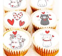 Cat Cake Toppers - Edible Icing or Wafer - 4cm x 24 - Cute Cats Decorations - Hearts - Valentines - Birthday - Party (Edible Wafer)