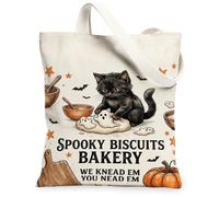 Cat Canvas Tote Bag, Fanciful Festive Pumpkins Bakery Tools Halloween Black Everyday Tote Bags 13x15 Inch, Black, 13x15 Inch