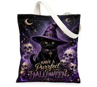 Cat Canvas Tote Bag, Fanciful Festive Skulls Witch Hat Halloween Violet Shopping Bag 13x15 Inch, Purple, 13x15 Inch
