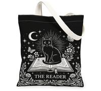 Cat Canvas Tote Bag, Fanciful Literary Book Moon None Black Everyday Tote Bag 13x15 Inch