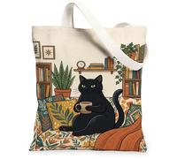 Cat Canvas Tote Bag for Women, Cozy Warm Plant Bookshelf None Green Washable Reusable Everyday Tote Bags Ideas for Family Friends Colleagues Reading Loves 13x15 Inch