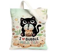 Cat Canvas Tote Bag for Women, Cute Cute Bubble Tea Biscuit Summer Pastel Green Washable Reusable Small Tote Bags Ideas for Travel Work Shopping Bookstore 13x15 Inch