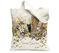 Cat Canvas Tote Bag for Women, Fanciful Vintage Flowers Door Spring Violet Washable Reusable Aesthetic Tote Bags for Shopping Brunch Park Library Day Trips 13x15 Inch