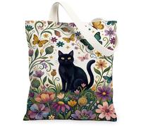 Cat Canvas Tote Bag for Women, Floral Fanciful Butterfly Flower Spring Black Washable Reusable Small Tote Bag Ideas for Out, Black, 13x15 Inch