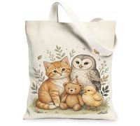Cat Canvas Tote Bag for Women, Playful Fanciful Owl Bear None Beige Washable Reusable Aesthetic Tote Bags Ideas for Shopping Trips Office Library Casual 13x15 Inch