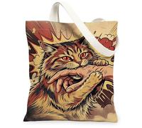 Cat Canvas Tote Bag for Women, Pop Art Comic Hand Explosion None Red Washable Reusable Everyday Tote Bags Ideas for Travel, Red, 13x15 Inch