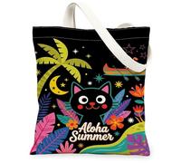 Cat Canvas Tote Bag for Women, Summer Tropical Palm Tree Stars Summer Black Washable Reusable Everyday Tote Bags Ideas for Outdoor Travel Workday Reading 13x15 Inch