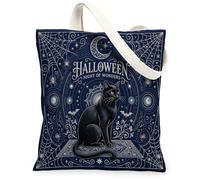 Cat Canvas Tote Bag, Mystical Gothic Spider Web Moon Halloween Black Small Tote Bags 13x15 Inch, Black, 13x15 Inch