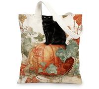 Cat Canvas Tote Bags, Artistic Cat Design Reusable Grocery Bags, Vintage Autumn Lightweight Washable Shoulder Strap Canvas, Orange, 13x15 Inch