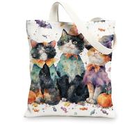 Cat Canvas Tote Bags, Colorful Cat Pattern Reusable Grocery Bags, Fun Lightweight Washable Shoulder Strap Canvas Bags for Gym Outdoor Travel Beach Picnic 13x15 Inch