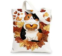 Cat Canvas Tote Bags, Cute Feline Autumn Design Reusable Grocery Bags, Fun Fanciful Lightweight Washable Shoulder Strap Can, White, 13x15 Inch