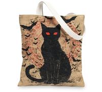 Cat Canvas Tote Bags, Gothic Animal Design Reusable Shopping Bags, Vintage Art Lightweight Washable Shoulder Strap Canvas B, Black, 13x15 Inch