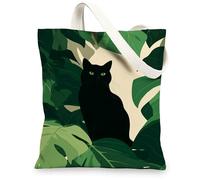 Cat Canvas Tote Bags, Jungle Leaf Pattern Reusable Bags, Eco-Friendly Lightweight Washable Shoulder Strap for Travel Beach, Black, 13x15 Inch