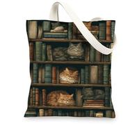 Cat Canvas Tote Bags, Vintage Feline Library Design Reusable Grocery Bags, Artistic Cozy Cat Pattern Lightweight Washable Shoulder Bags for Shopping Travel Beach 13x15 Inch