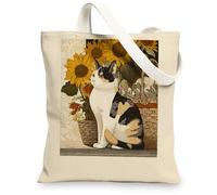 Cat Canvas Tote Bags, Vintage Floral Animal Print Reusable Shopping Bags, Lightweight Washable Shoulder Strap Canvas Bags f, Beige, 13x15 Inch