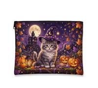 Cat Canvas with Zipper, Fanciful Festive Pumpkins Moon Halloween Violet Portable with Zipper Makeup Bags for Women for Travel, Bathroom, Vanity Organizer and Purse Storage, Purple, 7x9 Inch, Whimsical