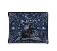Cat Canvas with Zipper, Fanciful Gothic Crescent Moon Spider Web Halloween Navy Canvas with Zipper Small Skincare Bag for Travel, Purse, Bathroom, Vanity and Daily Storage, Navy, 7x9 Inch, Whimsical