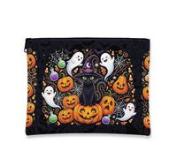 Cat Canvas with Zipper, Fanciful Spooky Ghosts Pumpkins Halloween Black Canvas with Zipper Cosmetic Bag for Purse for Travel, Purse, Bathroom, Vanity and Daily Storage, Black, 7x9 Inch, Whimsical