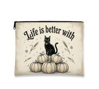 Cat Canvas with Zipper, Fanciful Vintage Pumpkins Swirl Fall Black Canvas with Zipper Makeup Bag for Purse for Travel, Vanity, Bathroom, Purse Storage and Daily Use, Black, 7x9 Inch, Whimsical