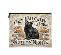Cat Canvas with Zipper, Vintage Rustic Mushrooms Leaves Halloween Black Canvas with Zipper Cosmetic Pouch for Travel, Vanity, Bathroom, Purse Storage and Daily Use, Black, 7x9 Inch, Vintage