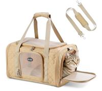 Cat Carrier Airline Approved, Soft Pet Carrier, 17x11x9.5 in, Brown | Right-sized for underseat travel; 5mm reinforced frame; locking zippers; breathable mesh; removable soft pad for comfort
