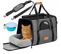 Cat Carrier Bag Cat Small Dog | Foldable Pet Transport Box Travel Pet Carrier Tote Bag | Breathable Soft Side Shoulder Bag Airline Approved Hand Bag | Kitten Car Travel Crate Bowl + Cushion Grey