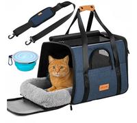 Cat Carrier Bag Cat Small Dog | Foldable Pet Transport Box Travel Pet Carrier Tote Bag | Breathable Soft Side Shoulder Bag Airline Approved Hand Bag | Kitten Car Travel Crate Bowl + Cushion Blue
