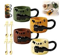 Cat Cat Stacked Cup, Cute Stackable Coffee Mugs, with Funny Cartoon Cats Designs, 4 Styles Cute Ceramic Feline Coffee Mugs with Spoon, Gifts for Catlovers Women (Mix)