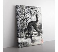 Cat Catching A Frog By Kawanabe Kyosai Asian Japanese Canvas Wall Art Print Ready to Hang, Framed Picture for Living Room Bedroom Home Office Décor, 50x35 cm (20x14 Inch)