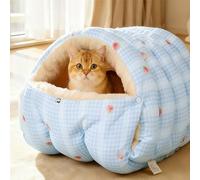 Cat Cave Bed Pet Puppy Igloo, Semi-closed Fluffy Cat Home Dog Bed Small Kitty House, Indoor Washable Plush Cushion Portable Pet Kennel (Blue,M-36x30x20cm)