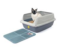 CAT CENTRE Big Grey Cat Litter Tray + Blue Mat, High Sided, XL