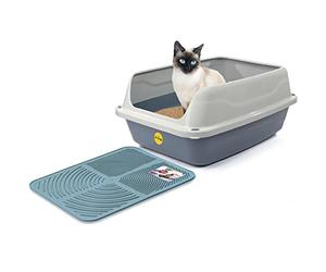 CAT CENTRE Big Grey Open Cat Litter Tray + Blue Tray Mat High Sided Rim Extra Deep Anti-Spillage XL Toilet Box Pan Loo High-Spraying Adult Cats Lowered Entry Step Detachable Rim Rounded Corners