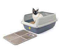 CAT CENTRE Big Grey Open Cat Litter Tray + Cream Mat, XL, High Sides, Deep