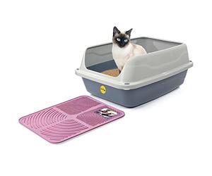 CAT CENTRE Big Grey Open Cat Litter Tray + Pink Tray Mat High Sided Rim Extra Deep Anti-Spillage XL Toilet Box Pan Loo High-Spraying Adult Cats Lowered Entry Step Detachable Rim Rounded Corners