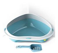 CAT CENTRE Blue Jumbo Corner Cat Litter Tray with Scoop, Rounded Corners | Open litter tray bundle, lowered entry step, detachable rim, easy cleaning, for kittens and cats