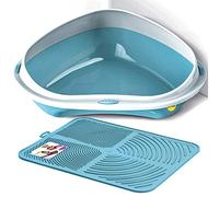 CAT CENTRE Blue Large Corner Cat Litter Tray + Blue Nonslip Mat Set Box Loo Toilet Kitten Pad
