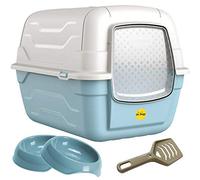 CAT CENTRE Blue Large Hooded Litter Tray & Gusto Food Water Bowls Bundle