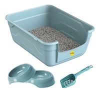 CAT CENTRE Blue Large Open Cat Litter Tray + 2x 0.35L Bowls + Scoop Set