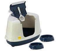 CAT CENTRE Dark Blue Corner Hooded Cat Litter Tray + 2x0.2L Non-Slip Bowls