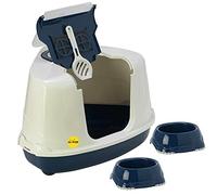 CAT CENTRE Dark Blue Corner Hooded Cat Litter Tray + 2x0.3L Non-Slip Bowls