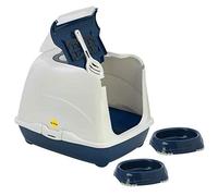 CAT CENTRE Dark Blue Flip Hooded Cat Litter Tray + 2 Bowls 0.2L + Scoop