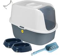 CAT CENTRE Dark Grey Cat Flip Toilet + Dark Blue 2x0.2L Bowls + Scoop | Cat litter tray with flip hood, dark blue 0.2L smarty bowls for cats and kittens, scoop, pet-safe materials