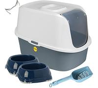 CAT CENTRE Dark Grey Cat Flip Toilet + Dark Blue Set: 2x0.3L Smarty Bowls + Scoop Hooded Litter Tray Bundle